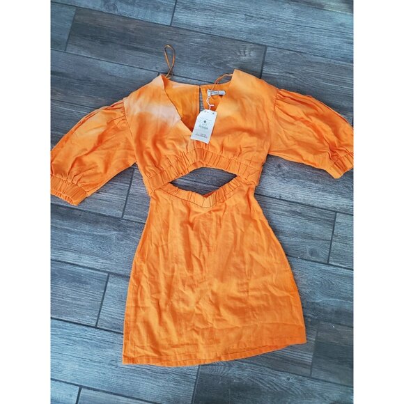 Bershka Nwt Cotton/linen Blend Orange Cut Out Mini Dress With Puffer Sleeve $749 - Picture 9 of 9